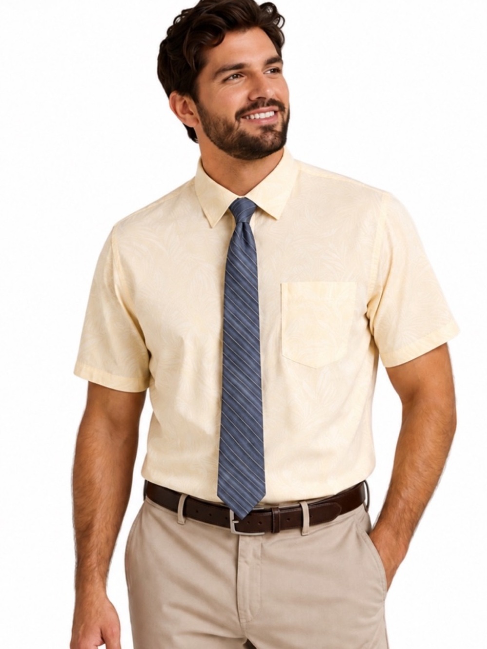 NWOT Van Heusen Yellow Jacquard Short Sleeve Dress Shirt & Tie XL 17-17.5